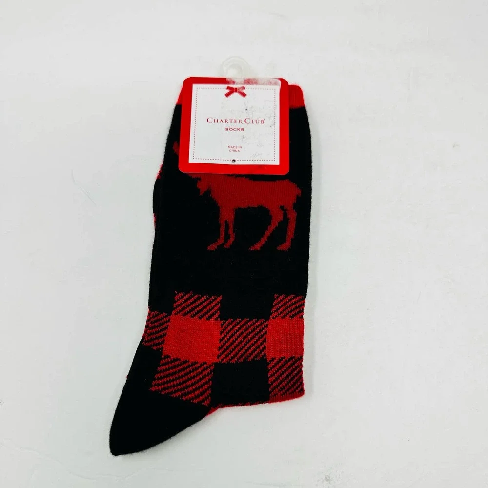 New Charter Club‎ Womans Holiday Black Red Deer Crew Socks Sz 9-11 NWT